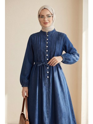 Moda Morfo Kolu Lastikli Beli Bağcıklı Yarım Düğmeli Kot Elbise -Laci