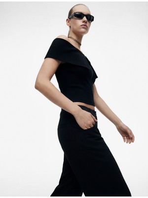 Koton Slim Fit Fermuar Detaylı Omzu Açık Kaşkorse Kısa Kollu Tişört