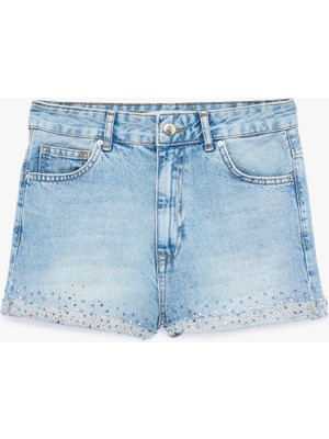 Koton Taş Detaylı Pamuklu Düğmeli Cepli Mini Denim Şort