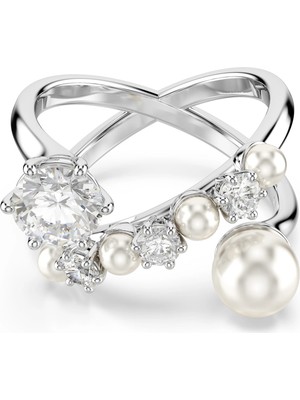 Swarovski Matrix Kokteyl Yüzük Kristal Inci Yuvarlak Kesim Beyaz Rodyum Kaplama 55