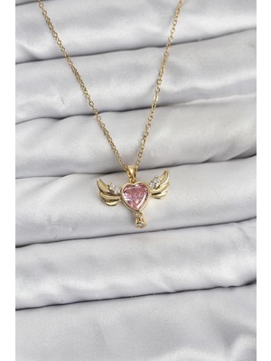 Luord - Store Mey Ithalat® 316L Çelik Zincir Gold Renk Kanatlı Kalp Model Zirkon Taşlı Kadın Kolye