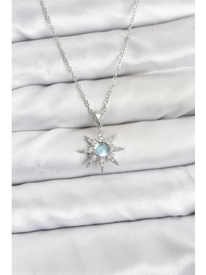 Luord - Store Mey Ithalat® 316L Çelik Zincir Gümüş Renk Kutup Yıldızı Model Zirkon Taşlı Kadın Kolye