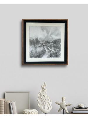 Galeri Mavi Uzak Iıı” Imzalı Özgün Karakalem Tablo 30X30 cm Çerçeveli El Yapımı Sanat Eseri