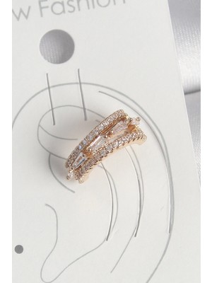 Mey Ithalat® Pirinç Gold Renk Zirkon Taşlı 3'lü Sıralı Model Kadın Kıkırdak Küpe
