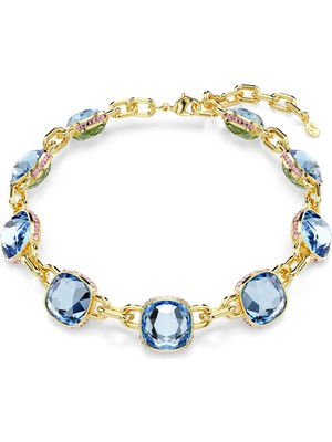 Swarovski Chroma Tennis Kolye Yastik Kesim Mavi Altin Rengi Kaplama