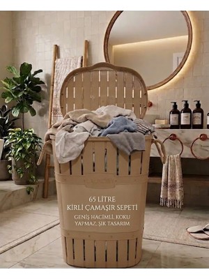 Buclee 65L Dekoratif Kapaklı Banyo Kirli Çamaşır Sepeti - Geniş Hacim ve Hasır Saplı - Bej