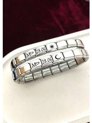 C&On Design Harfli Güneş Ay Italyan Charm Çelik Çift Bilekliği