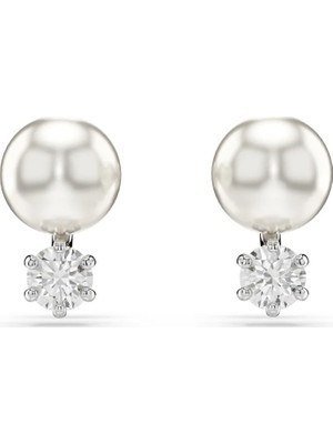 Swarovski Matrix Stud Küpe Kristal Inci Round Cut Beyaz Rodyum Kaplama