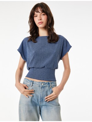 Koton Viskon Karışımlı Bürümcük Bisiklet Yaka Kısa Kollu Crop Bluz