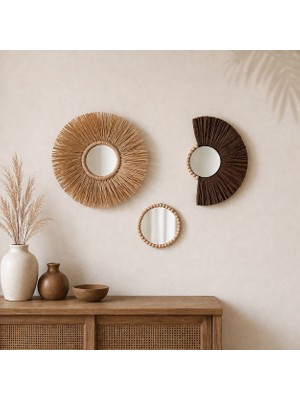 Bohoraff Atelier 3'lü Bohem El Yapımı Rafya ve Ahşap Boncuklu Duvar Süsü Aynalı Set
