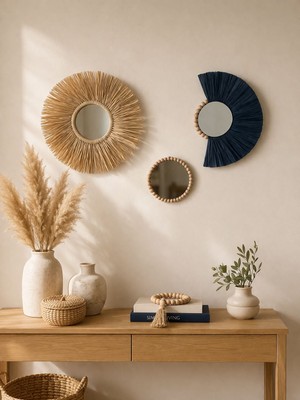 Bohoraff Atelier 3'lü Bohem El Yapımı Rafya ve Ahşap Boncuklu Duvar Süsü Aynalı Set