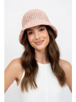 Mollycrush Kadın Pembe Hasır Örgü Bucket | Bohem Stil Plaj ve Güneş Şapkası