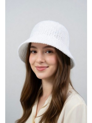 Mollycrush Kadın Beyaz Hasır Örgü Bucket | Bohem Stil Plaj ve Güneş Şapkası
