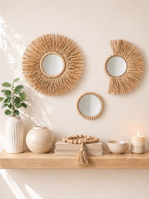 Bohoraff Atelier 3'lü Bohem El Yapımı Rafya ve Ahşap Boncuklu Duvar Süsü Aynalı Set