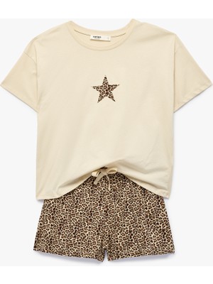 Koton Pamuklu Kısa Kollu Tişört Leopar Desenli Şortlu Pijama Takımı