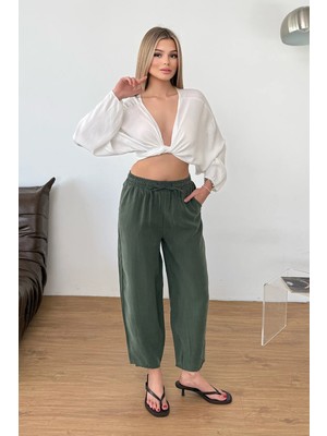 Giysa Kadın Beli Ayarlanabilir çift Cepli Havuç Kesim Pantolon Haki - MS001529