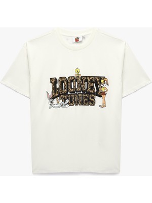 Koton Looney Tunes Lisanslı Leopar Detaylı Baskılı Bisiklet Yaka Tişört