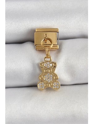 Renas Store 316L Çelik Sallantılı Zirkon Taşlı Ayıcık Model Gold Renk Nomination Charm - TJ-BC1413