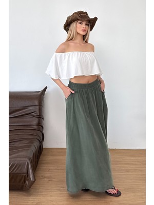 Giysa Kadın Beli Lastikli Çift Cepli Uzun Etek Haki - MS0001766