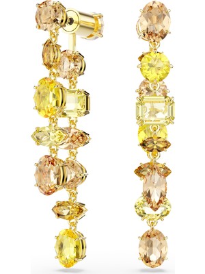 Swarovski Gema Damla Küpe Asimetrik Tasarim Karişik Kesimler Uzun Sari Altin Rengi Kaplama