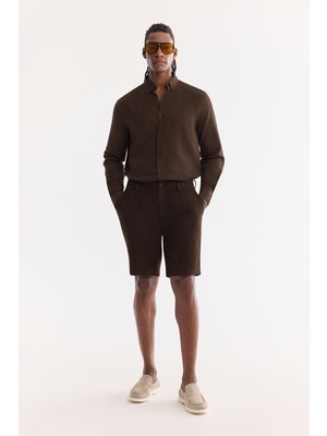 AVVA Erkek Kahverengi Beli Lastikli %100 Keten Relaxed Fit Şort B003732