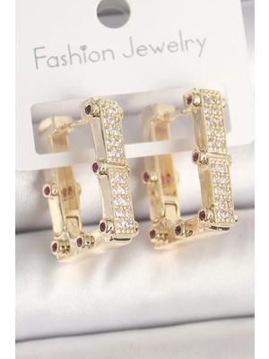 Renas Store Pirinç Gold Renk Kare Zirkon Taşlı Kadın Küpe - TJ-BKP10373