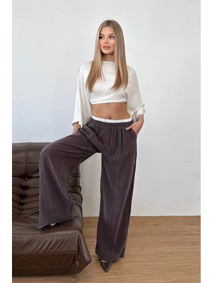 Giysa Kadın Beli Lastikli Çift Cepli Modal Kumaş Pantolon Kahverengi - MW0000339