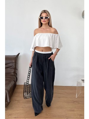 Giysa Kadın Beli Lastikli Çift Cepli Modal Kumaş Pantolon Siyah - MW0000339