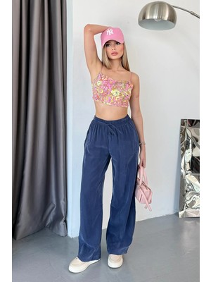 Giysa Kadın Beli Ayarlanabilir çift Cepli Bol Paça pantolon Lacivert - MW0001515