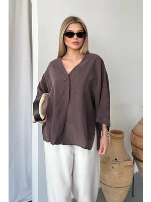 Giysa Kadın V Yaka Tek Düğmeli Tensel Kumaş Bluz Kahverengi - MS0001558