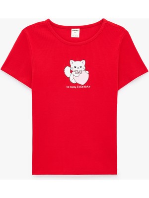 Koton Pamuklu Kısa Kollu Bisiklet Yaka Kedi Baskılı Tişört