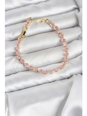 Renas Store Pembe Kare Zirkon Taşlı Gold Renk Pirinç Su Yolu Kadın Bileklik - TJ-BB8324