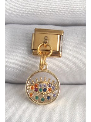 Renas Store 316L Çelik Gold Renk Sallantı Renkli Zirkon Taşlı Göz Model Nomination Charm - TJ-BC1346