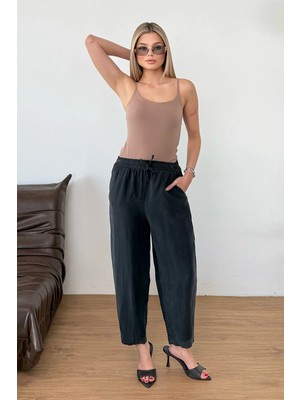 Giysa Kadın Beli Ayarlanabilir çift Cepli Havuç Kesim Pantolon Siyah - MS001529