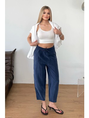 Giysa Kadın Beli Ayarlanabilir çift Cepli Havuç Kesim Pantolon Lacivert - MS001529