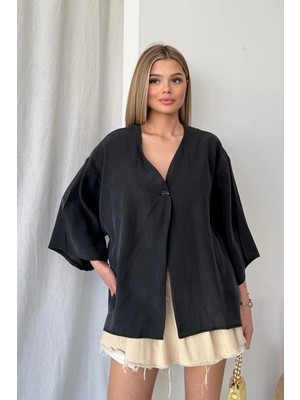 Giysa Kadın V Yaka Tek Düğmeli Tensel Kumaş Bluz Siyah - MS0001558