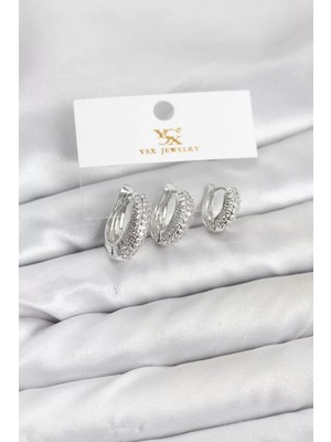 Renas Store Pirinç Gümüş Renk Zirkon Taşlı Halka Model Ysx Trio Küpe Seti - TJ-BKP11559