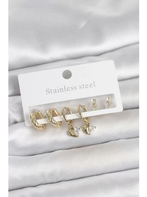 Renas Store 316L Çelik Gold Renk Detaylı Kadın Küpe Seti - TJ-BKP11693