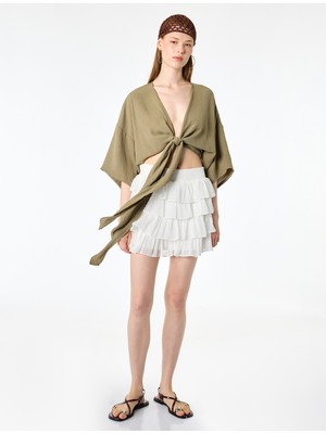 Koton Kısa Kollu Kruvaze Yaka Bağlamalı Crop Oversize Kimono