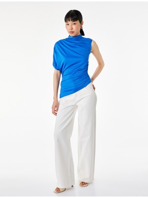 Koton Slim Fit Asimetrik Kesim Drapeli Dik Yaka Kobalt Mavi Bluz