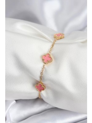 Renas Store 316L Çelik Gold Renk Pembe Baby Boy Yonca Kadın Bileklik - TJ-BB7946