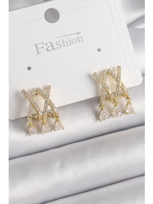 Renas Store Pirinç Gold Renk Zirkon Taşlı x Model Sallantı Detay Kadın Küpe - TJ-BKP9872