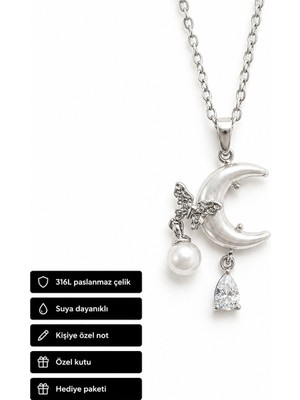 Herşey Nota Ay Yıldız Butterfly Inci Detaylı Kadın Kolye 316L Çelik Hediye