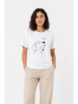 Civetta Köpek Figürlü Minimal Baskılı Tişört Kısa Kol Yazlık T-Shirt - Beyaz
