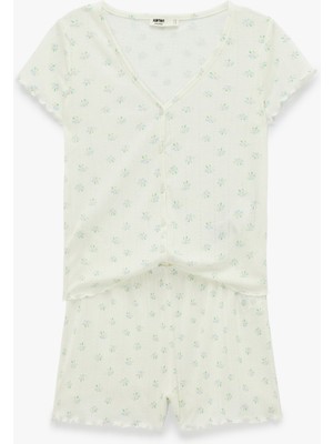 Koton Düğmeli V Yaka Kısa Kollu Desenli Şortlu Pijama Takımı