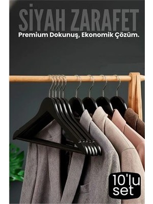 Renas Store 10'lu Lüks Siyah Elbise Ceket Askısı - Ergonomik & Kaymaz Plastik Askı Seti - Ahşap G