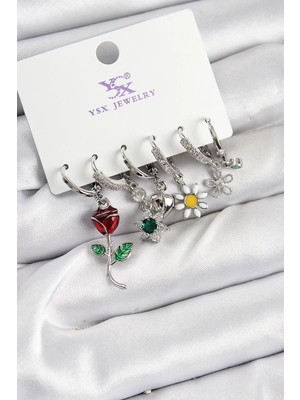 Renas Store Pirinç Zi̇rkon Taşlı Gül Papatya Model Gümüş Renk 3'lü Çift Kadın Küpe - TJ-BKP10956