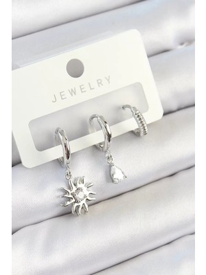Renas Store Pirinç Zirkon Taşlı Güneş Model Gümüş Renk 3'lü Çift Kadın Küpe Set - TJ-BKP10799