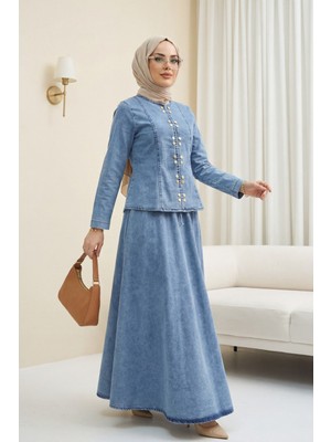 Moda Morfo Önü Çıtçıtlı Eteği Bağcık Detaylı Kot Takım  -Buz Mavi