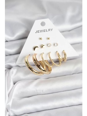 Renas Store Gold Renk 6 Çiftli Pirinç Kadın Küpe Seti - TJ-BKP11323
